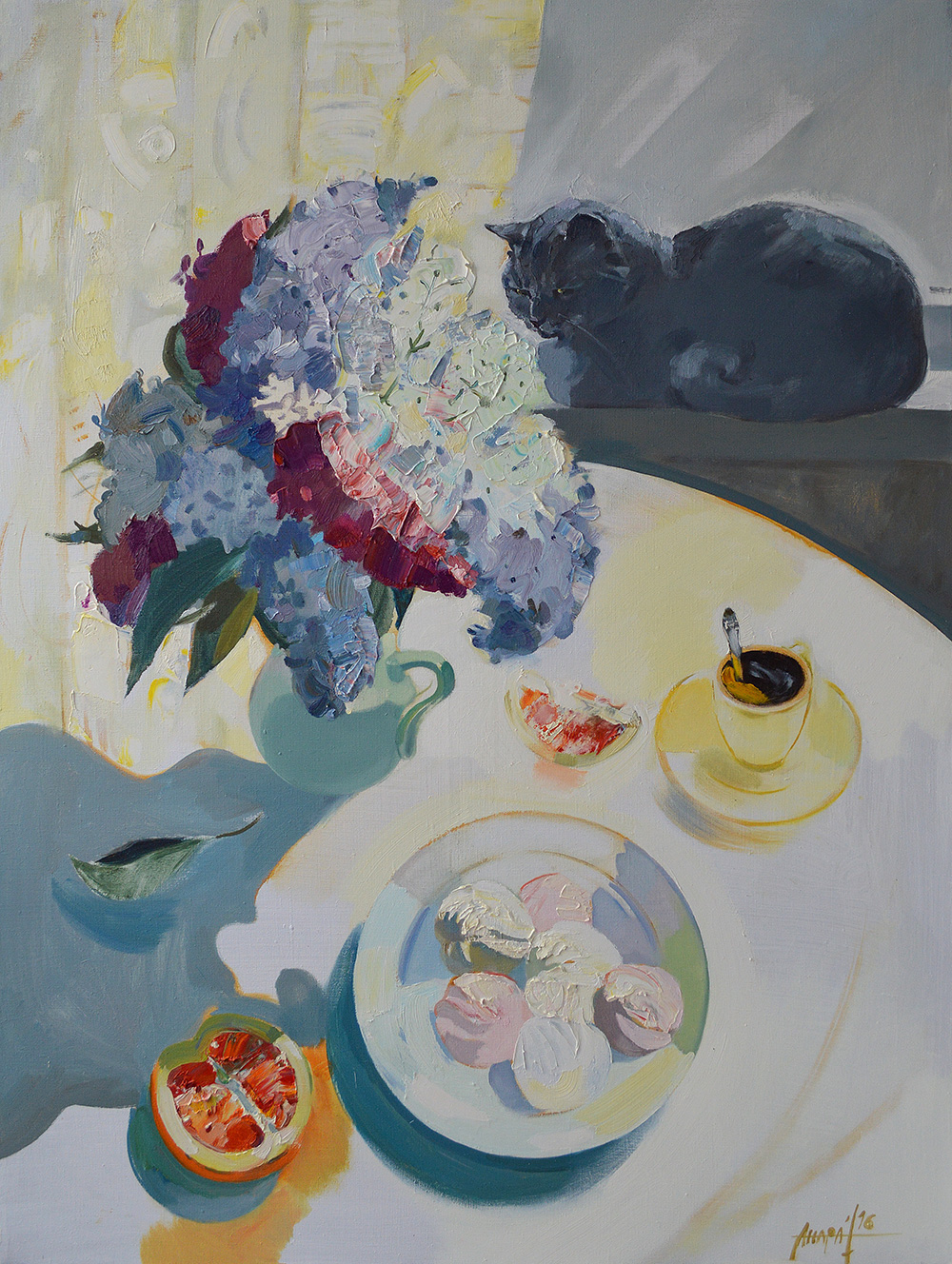 В. Цветочная композиция в чашке. Фигура человека в интерьере живопись. Утро весна. Мячкина татьяна художник.