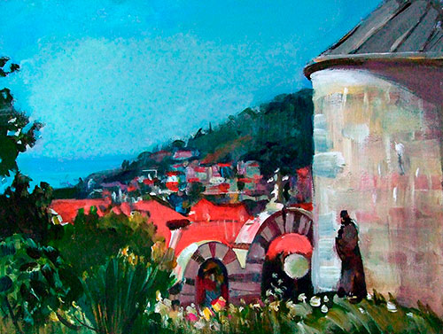 Artist Anna Kononova. Painting Composition The town Budva. 2008, canvas on cardboard, acrylic, 30x40