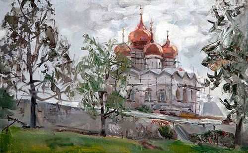Artist Anna Kononova. Painting Composition The Iversky Monastery or On the lake Valday. 2006, canvas, oil, 32x51