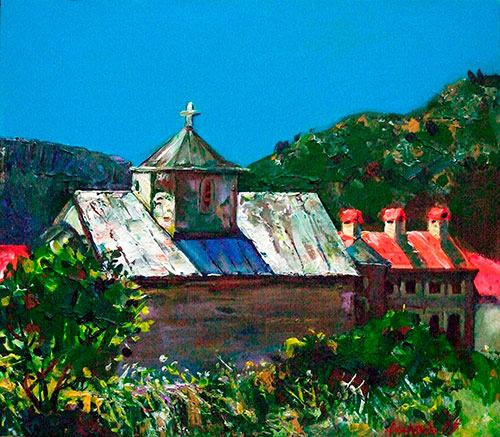 Artist Anna Kononova. Painting Composition Podmayne monastery in Montenegro. Noon. 2008, canvas, oil, 35x40