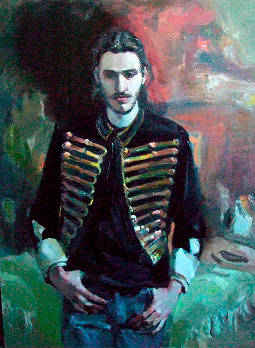 Artist Anna Kononova. Painting Composition The contemporary in hussar's costume. 2006, canvas, oil, 120x90