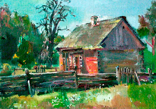 Artist Anna Kononova. Painting Composition Yakub Kolas'es farmstead in Akinchitsy. 2006, картон, масло, 50x70